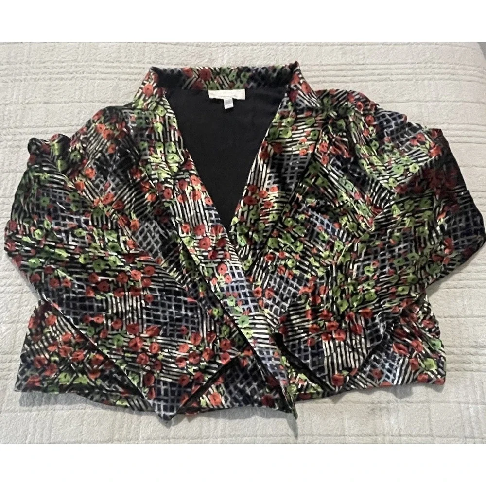 Ettitwa Anthropologie Velvet Wrap Blazer Jacket Size 12 Red Poppy‎ Black Crop